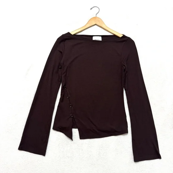 Reformation sz S Nicola Knit Top Brown Long Sleeves Stretch side buttons - Picture 3 of 7